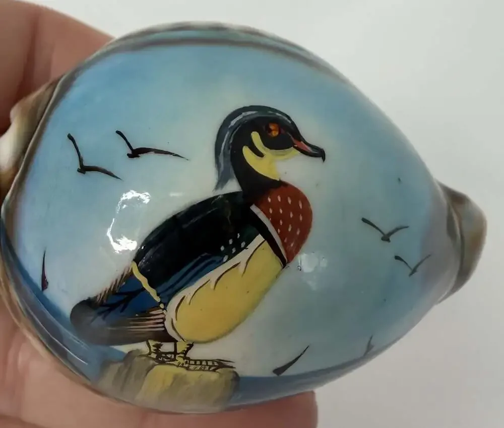 Vintage Hand painted Tiger Cowrie Shell W/ Birds 3”x2”x2”